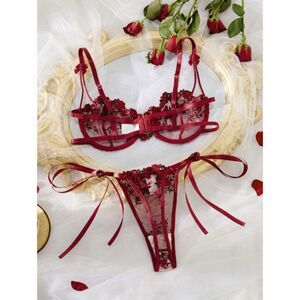 Large Burgundy Red Floral Embroidery Side Tie Sheer Underwire Sexy Lingerie Set